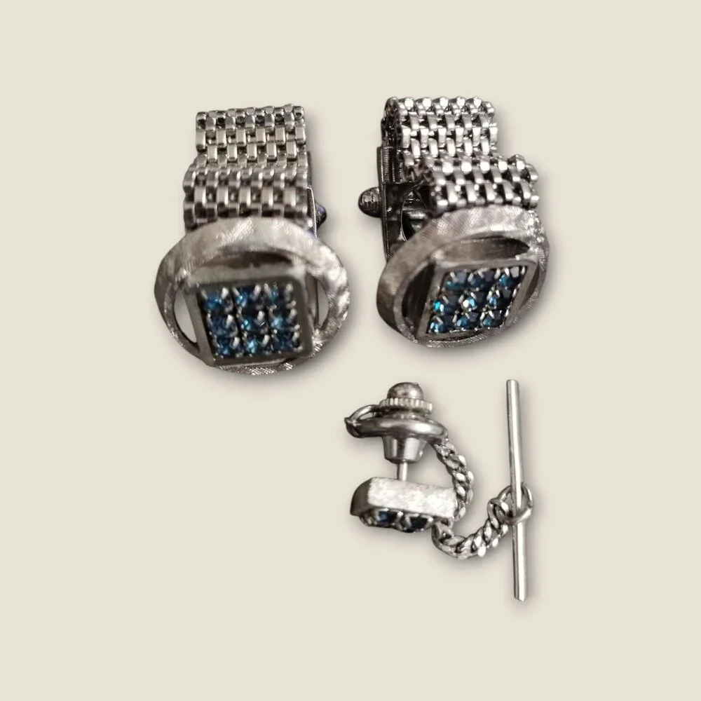 Vintage Silver Cuff Links & Tie Tack Set With Blue Rhinestones